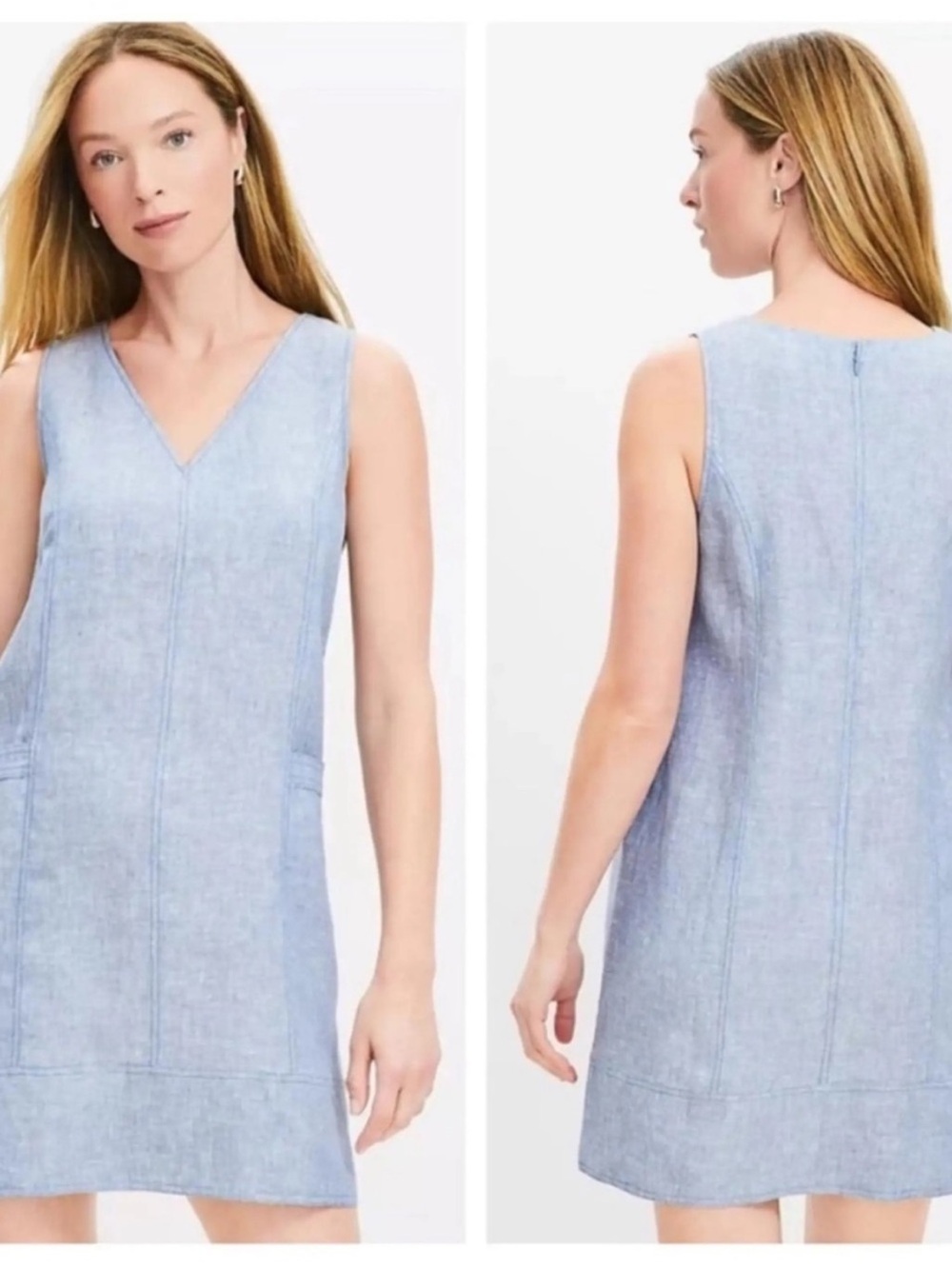 LOFT Light Blue Linen V-Neck Dress